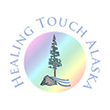 Healing Touch Alaska Logo: Spruce tree with boulder and stream.
